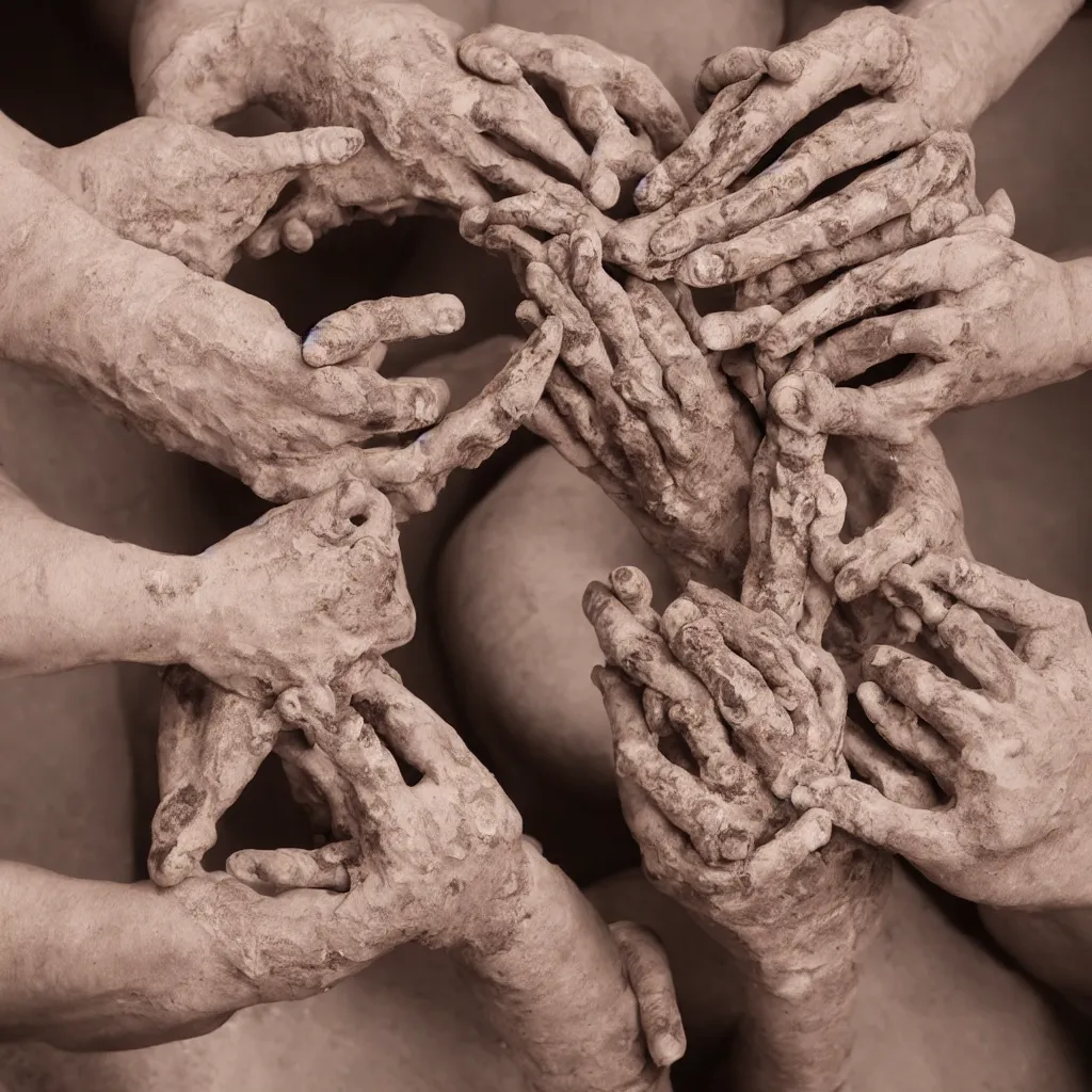 Image similar to spiral of clay forming into human hands, transformation