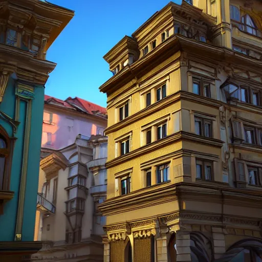 Prompt: lviv building facade highly detailed, photo, artstation, 3 d render, sharp focus, art by tokiolab and alphonse mucha, 8 k, ultra realistic, lens flare, glow, soft lighting, hyperrealistic, unreal engine