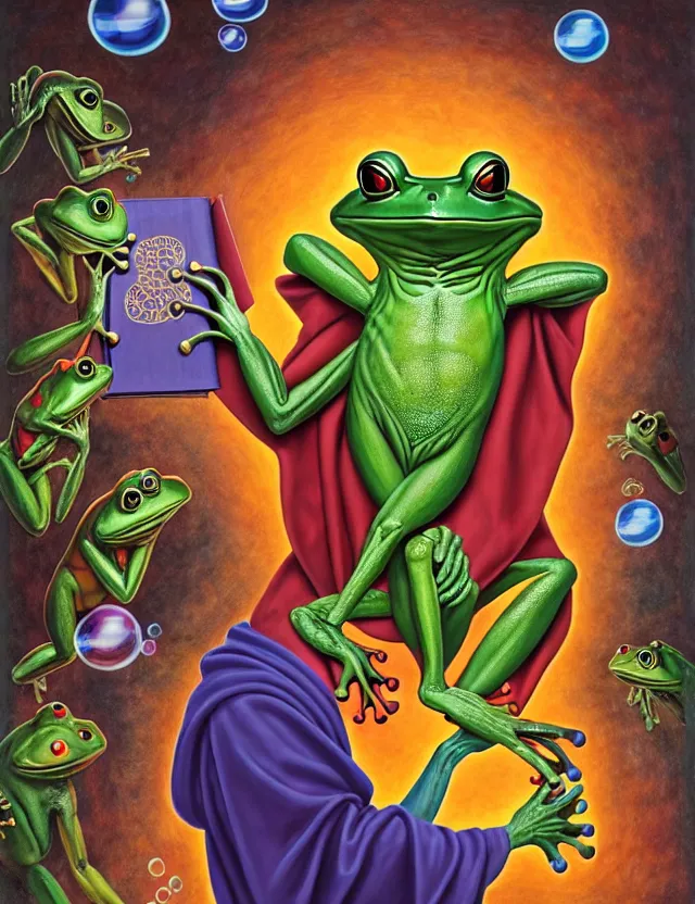 Prompt: anthropomorphic bipedal frog that is dressed in robes, and holding a giant book in his hand, as a matte oil painting and d & d character art, by alex grey, standing, fullbody, floating bubbles, psychedelic, award - winning, extremely detailed, sharp focus
