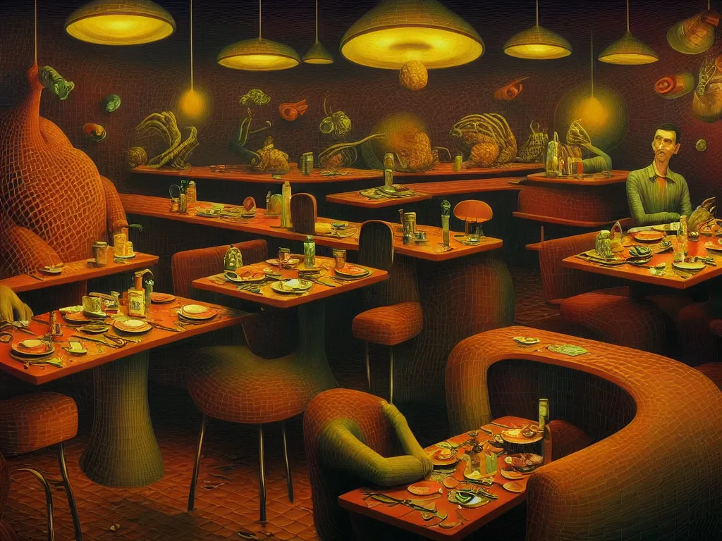 Image similar to hyper detailed 3d render like a Oil painting - diner at the end of the universe by Jacek Yerka, Mariusz Lewandowski, Houdini algorithmic generative render, Abstract brush strokes, Masterpiece, Edward Hopper and James Gilleard, Zdzislaw Beksinski, Mark Ryden, Wolfgang Lettl, hints of Yayoi Kasuma, octane render, 8k