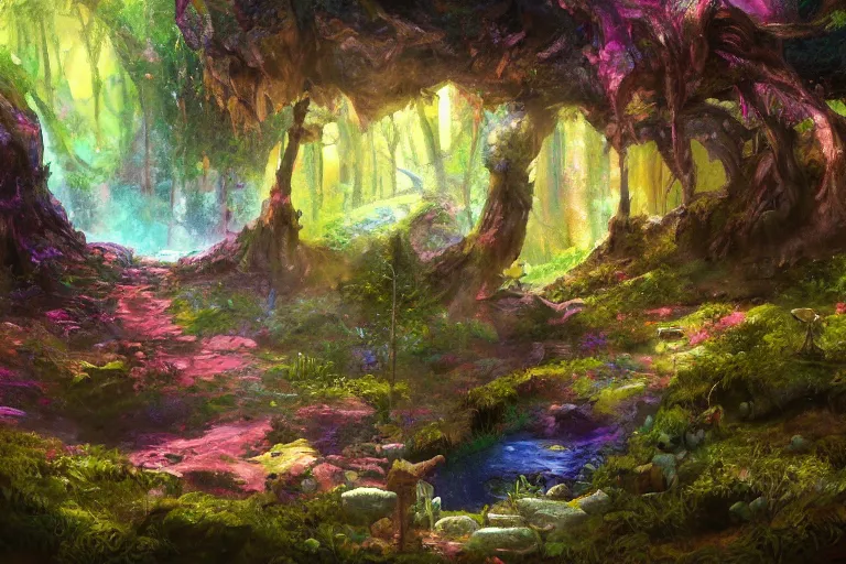 Prompt: a mage finding a colorful hotspring deep in the forest, oil painting, highly detailed, medieval fantasy, featured on artstation