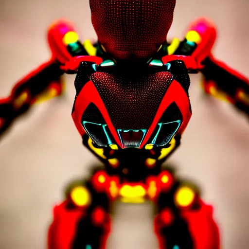 Prompt: a cybernetic spider, covered with red and yellow armor, 85mm 4K photo