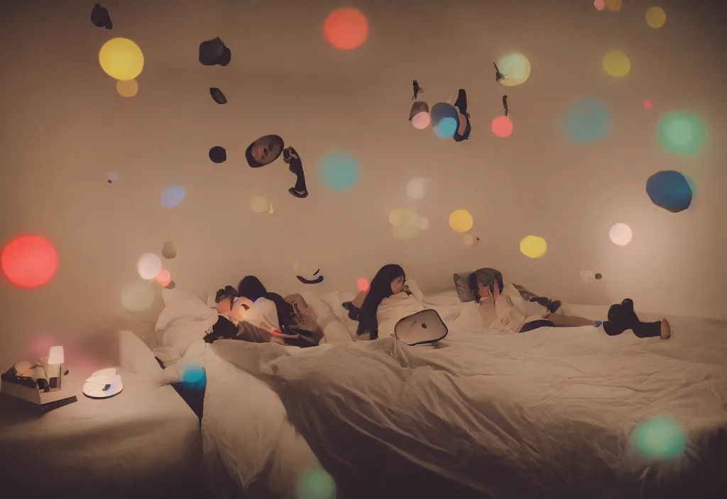 Image similar to 3 d floating people dream popping out of curved movie screen, volumetric lighting, bedroom, sleeping, pair of keycards on table, bokeh, big glowing fish, creterion collection, shot on 7 0 mm, instax