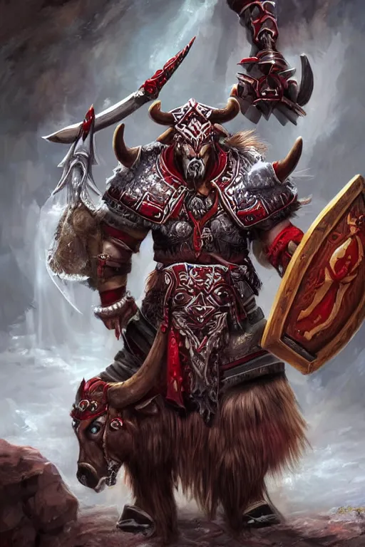 Image similar to a handsome tauren warrior colaked in white with swords, standing in light beam of a dark cave, ruby red sorrow, high quality, ultra detail