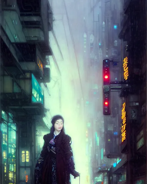 Image similar to beautiful portrait of kang seul - gi, ultra white hair, android, in rainy city street, cyberpunk, wearing tactical gear, by gaston bussiere, craig mullins, j. c. leyendecker, gustav klimt, artgerm, greg rutkowski