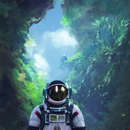 Image similar to view of a future cosmonaut with helmet having cybernetics and wirings exploring a jungle, tense situation, feeling of horror, trending on artstation, art by rossdraws and greg rutkowski, global illumination