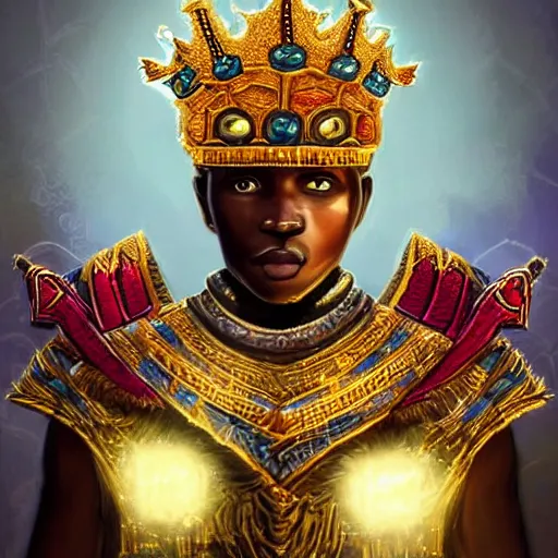 Image similar to a young black boy dressed like an african moorish warrior in gold armor and a crown with a ruby, and a very ornate glowing electric spear!, for honor character digital illustration portrait design, by android jones in a psychedelic fantasy style, dramatic lighting, hero pose, wide angle dynamic portrait