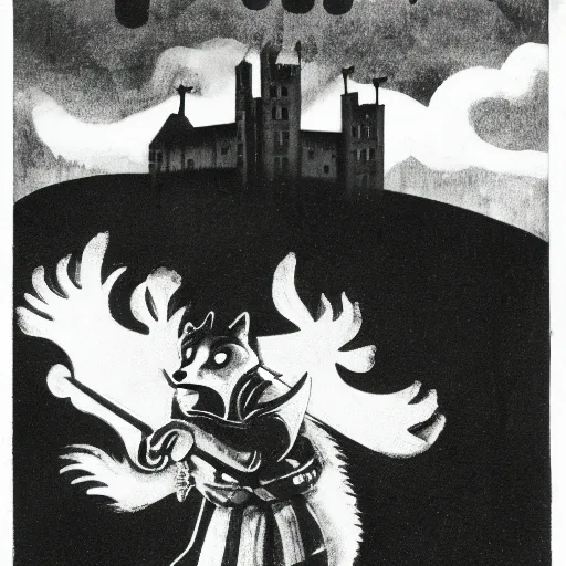 Image similar to anthropomorphic fox who is a medieval knight holding a sword towards a stormy thundercloud 1 9 3 0 s film still, castle in the background, being shown in a theatre