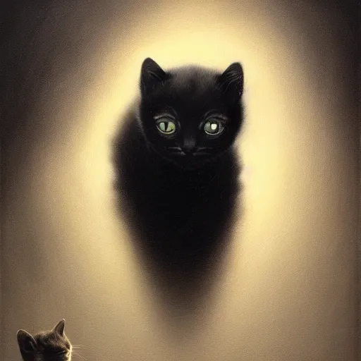 Image similar to a portrait of a kitten wearing a black hood, cloak covering face, anatomically correct, beautiful perfect face, enigmatic, oil painting, matte, black background, Volumetric dynamic lighting, Highly Detailed, Cinematic Lighting, Unreal Engine, 8k, HD, by Beksinski