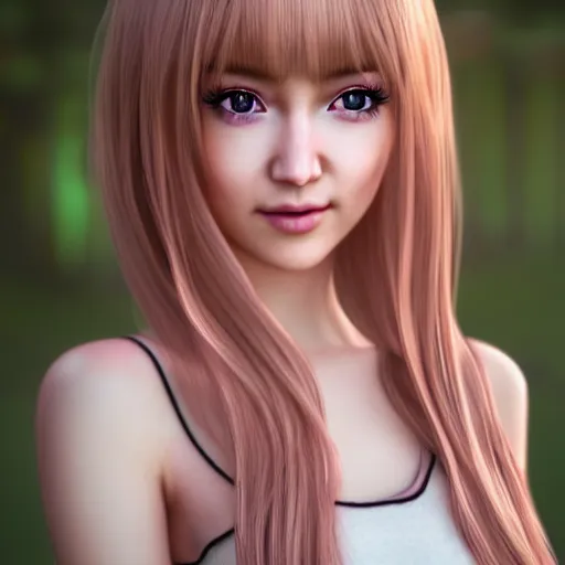 Image similar to beautiful intricate photograph of nikki from shining nikki dress - up game, a cute young woman, light pink hair, long hair with full bangs, full heart - shaped face, hazel amber eye color, pale skin, light blush, chinese heritage,, smiling softly, golden hour, soft focus, 8 k, hyperrealism, hyperdetailed