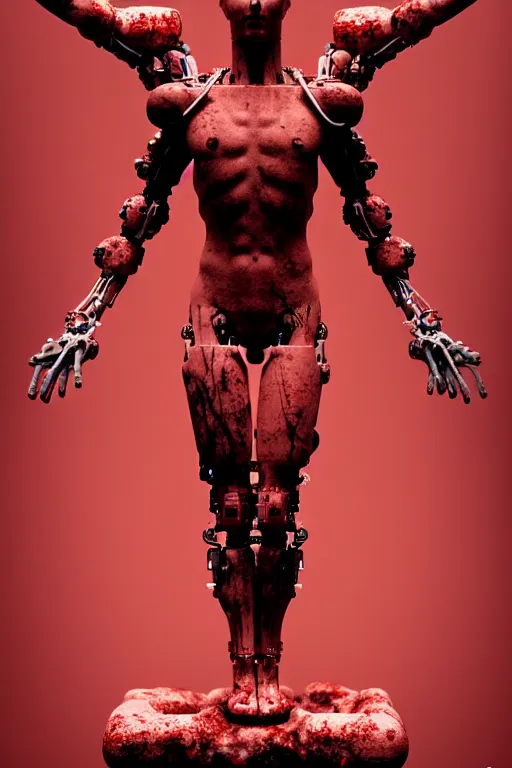 Image similar to high detailed forest a statue jesus on cross made of red marble, perfect symmetrical body, full body shot, inflateble shapes, white biomechanical details, wearing epic bionic cyborg implants, masterpiece, intricate, biopunk, vogue, highly detailed, artstation, concept art, cyberpunk, octane render