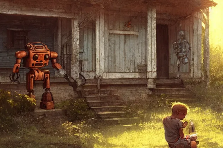 Prompt: close up of a big old rusty robot and a boy sitting on the porch of an old house, by artgerm, by greg rutkowski, by brian froud!!! octane render, hd, evening mood, dynamic lighting