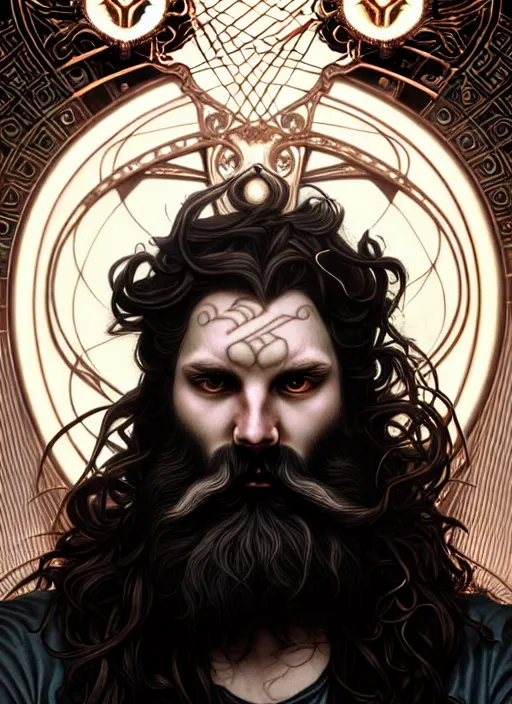 Image similar to furious god zeus, wavy black hair, bushy beard, glowing eyes, thunder forehead tattoo, volumetric lights, rose gold scheme, art nouveau botanicals, gothic, intricate, highly detailed, digital painting, artstation, concept art, smooth, sharp focus, symmetric face, illustration, steampunk, art by artgerm and greg rutkowski and alphonse mucha