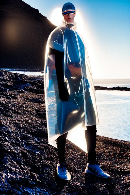 Image similar to an ultra high definition professional high fashion portrait studio full length photograph of a male model wearing a transparent pearlescent raincoat and neon visor planking in an icelandic black rock environment at dawn. no artefacts. extremely detailed. stark. refraction. shallow depth of field. volumetric light and shadow. ray tracing. light rays.