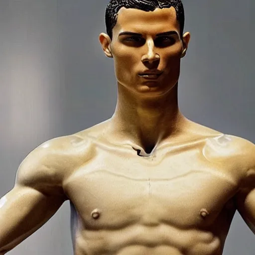 Image similar to “a realistic detailed photo of a guy who is an attractive humanoid who is half robot and half humanoid, who is a male android, Cristiano Ronaldo, shiny skin, posing like a statue, blank stare”