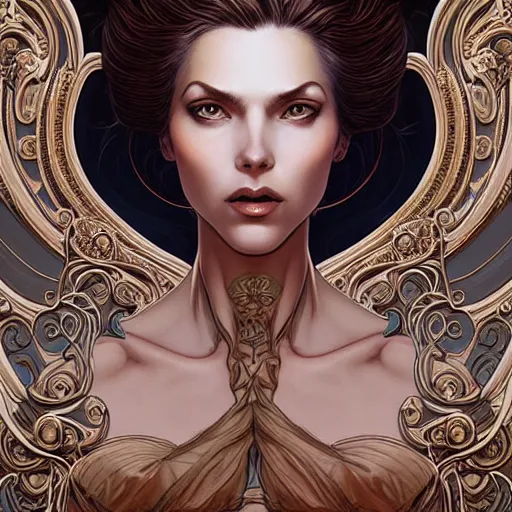 Prompt: a beautiful detailed front view portrait of a woman with ornate growing around, ornamentation, sculpture, elegant, luxury, beautifully lit, artgerm, joshua middleton comic cover art,