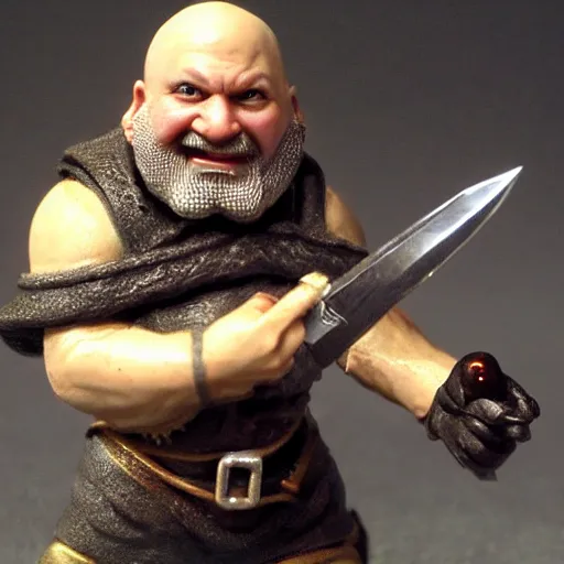 Image similar to bald dwarf with white beard, holding a dagger and bomb, dnd, high detail, fantasy,