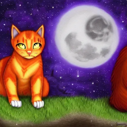 Image similar to Firestar and Ravenpaw sitting next to each other looking into the Moon, Warrior cats, Back side view, Erin Hunter, illustration of 2 cats, trending on artstation, beautiful Paintings