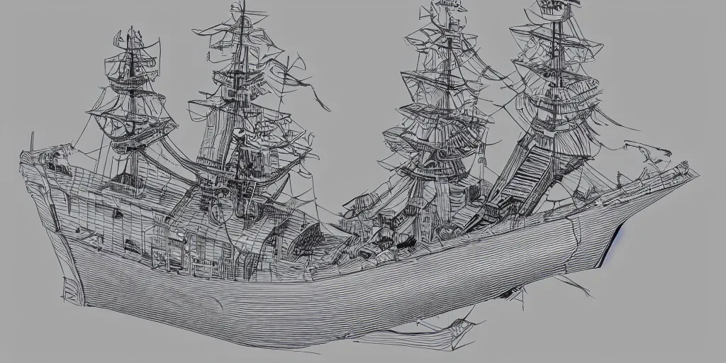 Prompt: a pirate ship, isometric view, hyper realistic, line art, drawing, sketching, illustration, kitbash 3 d, art by hebron ppg