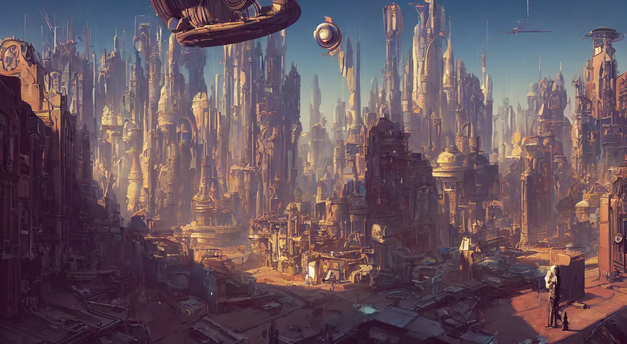 Image similar to a street level painting towards the horizon with high detail, sci - fi colorful victorian city with a victorian astronaut in the foreground at noon with sharp shadows by tyler edlin and sparth, wide angle lens, 4 k, vray, art nouveau influences. roger deakins, cinematic cinematography.