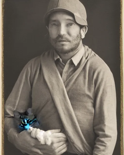 Image similar to gentlemen wearing a hat and wearing a baby sling on the back with a kitten in the sling, studio portrait, golden ratio, backlit