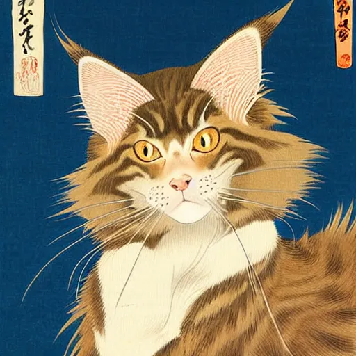 Image similar to beautiful portrait ukiyo - e painting of an ginger maine coon by kano hideyori, kano tan'yu, kaigetsudo ando, miyagawa choshun, okumura masanobu, kitagawa utamaro