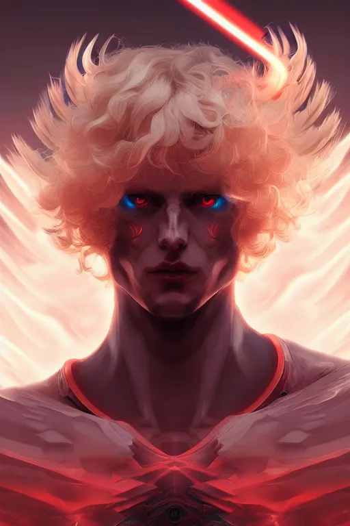 Prompt: digital art of a pale menacing male Cyborg Angel of Battle with fluffy blond curls of hair and piercing red eyes, central composition, gilded black cybernetics, he commands the fiery power of resonance and wrath, by WLOP, Artstation, CGsociety