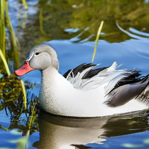 Image similar to a white crested duck in a pond at a part, realistic