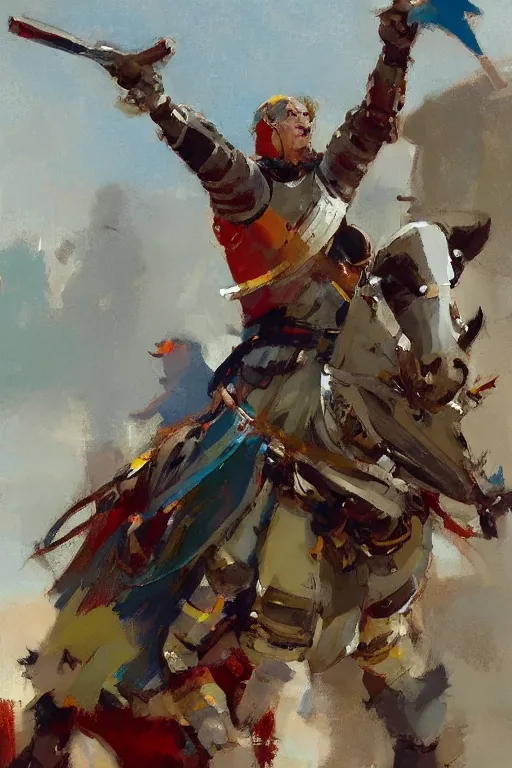 Image similar to close - up portrait of colorful rider pointing jousting lance at camera, caparisons, chainmail, by greg manchess, bernie fuchs, ruan jia, walter everett