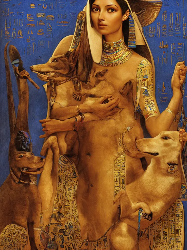 Image similar to portrait of a beautiful female ancient Egyptian goddess holding Anubis the dog in her arms. Hieroglyphs are written on the background, and blue lotus grows at her feet. painting by James C. Christensen