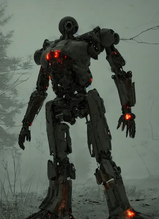 Prompt: mecha. wearing black cloak. chrome internals, wiring harness, armored, damaged burning smoldering embers. glowing red eye bright. muscular thick arms. creepy decay style of Roger Deakins Jeremy Saulnier Newton Thomas Sigel Robert Elswit Greig Fraser trending rtx on ue4