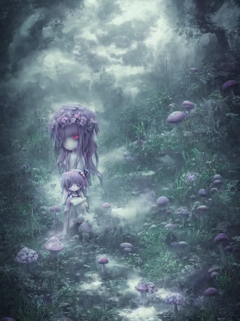 Prompt: cute fumo plush of a gothic maiden girl, inverse color, overdose, overgrown flooded mystical mushroom forest temple, mysterious ritual over tempestuous water, wisps of volumetric vortices of glowing smoke and fog, long dark tattered penumbra soft shadow, vignette, vray