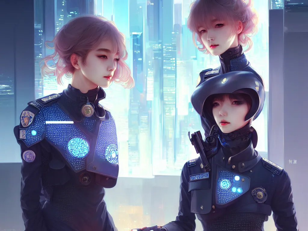 Image similar to portrait futuristic police uniform girl, at future neon light tokyo rooftop, ssci - fi and fantasy, intricate and very very beautiful and elegant, highly detailed, digital painting, artstation, concept art, smooth and sharp focus, illustration, art by tan zi and ayanamikodon and alphonse mucha and wlop