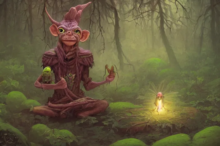 Image similar to a goblin shaman meditating in amossy tangled forest by Shaun Tan and Moebius, trending on artstation