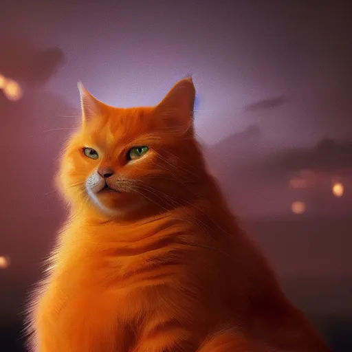 Prompt: colossal fluffy orange tabby cat, golden hour, fantasy, vivid colors, sharp focus, digital art, hyper - realistic, 4 k, unreal engine, highly detailed, hd, dramatic lighting by brom, trending on artstation