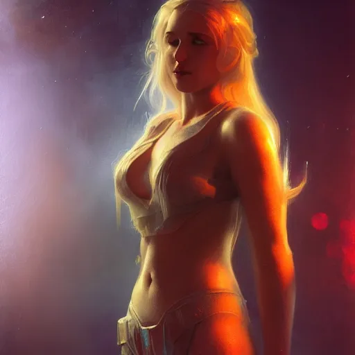 Image similar to jaina proudmoore, hyperrealistic full figure, bladerunner street alley, art of elysium by frank frazetta and by jeremy mann and by alphonse mucha, fantasy art, photo realistic, dynamic lighting, artstation, full figure poster, volumetric lighting, very detailed face, 4 k, award winning