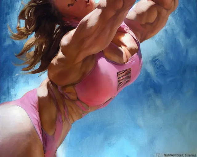 Prompt: greg manchess portrait painting of keira knightley as beautiful thick female bodybuilder zarya from overwatch, medium shot, asymmetrical, profile picture, organic painting, sunny day, matte painting, bold shapes, hard edges, street art, trending on artstation, by huang guangjian and gil elvgren and sachin teng