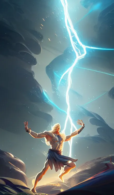 Image similar to the god zeus, lightning, action, epic, close up, sharp focus, digital art, concept art, dynamic lighting, character design by anna dittman, and rossdraws, environment design by jessica rossier