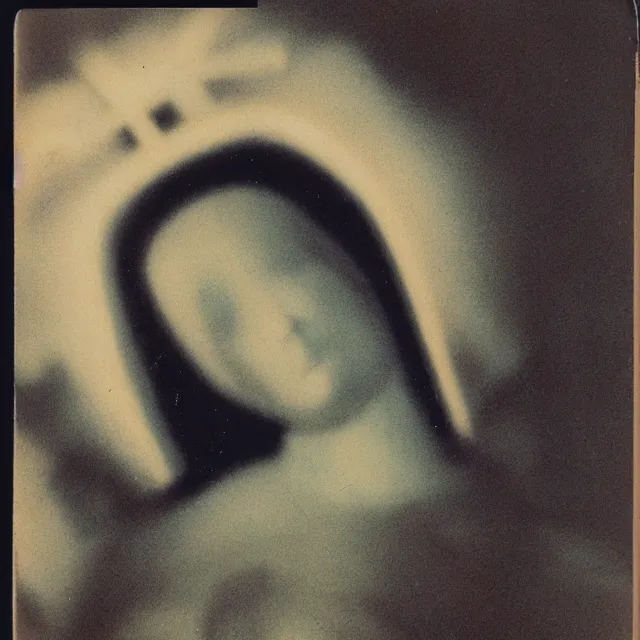Prompt: vintage polaroid closeup of white mother mary statue crying blood, pictured slightly from below, clear sky with blue clouds in background