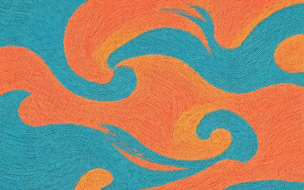 Image similar to a beutiful sunset on a beach, fractal waves. japanese embroidery. retro minimalist art by jean giraud.