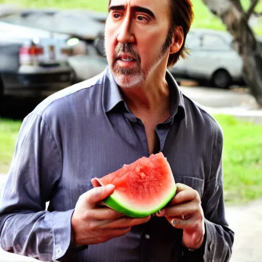 Image similar to nicholas cage eat watermelon