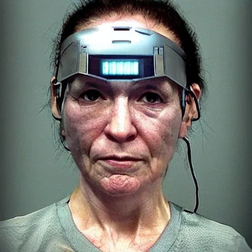 Image similar to grainy photo of an ugly woman, wearing bionic implants, cyborg!!! android! robot!! criminal!!, (((((high tech, circuit boards, cyberpunk))))), mugshot!!