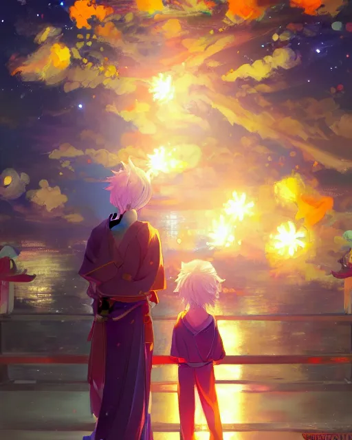 Image similar to beautiful anime painting of a boy and a blonde girl from behind at a shinto shrine looking up at the night sky illuminated by colorful new years fireworks, by WLOP and Slawek Fedorczuk and rossdraws, trending on artstation, concept art