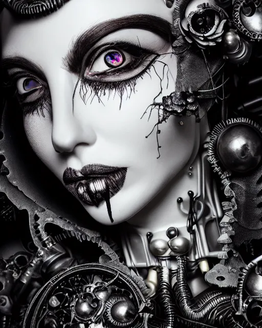 Image similar to black and white dreamy foggy smoky profile face portrait, one silver steampunk eye biomechanical beautiful young female cyclope - cyborg - robot bust, body ribs meshes,, volumetric light, hibiscus flowers, rim light, by hg giger and cecile beaton, big gothic fashion pearl embroidered collar, 8 k