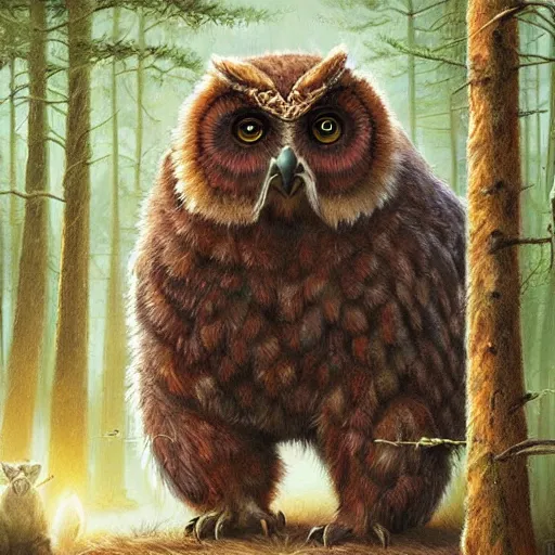 Image similar to three quarter portrait of an owlbear in the forest, d & d, fantasy, magali villeneuve,