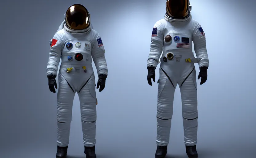 Image similar to spacesuit, by alexander mcqueen, catwalk, soft ambient lighting, photorealism, unreal engine