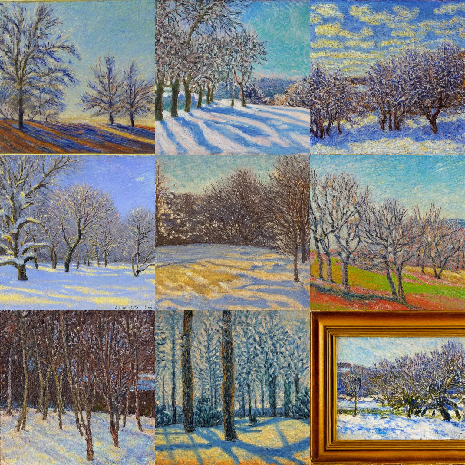 Prompt: a winter landscape with shrubs and trees on a clear day, in neo - impressionism style