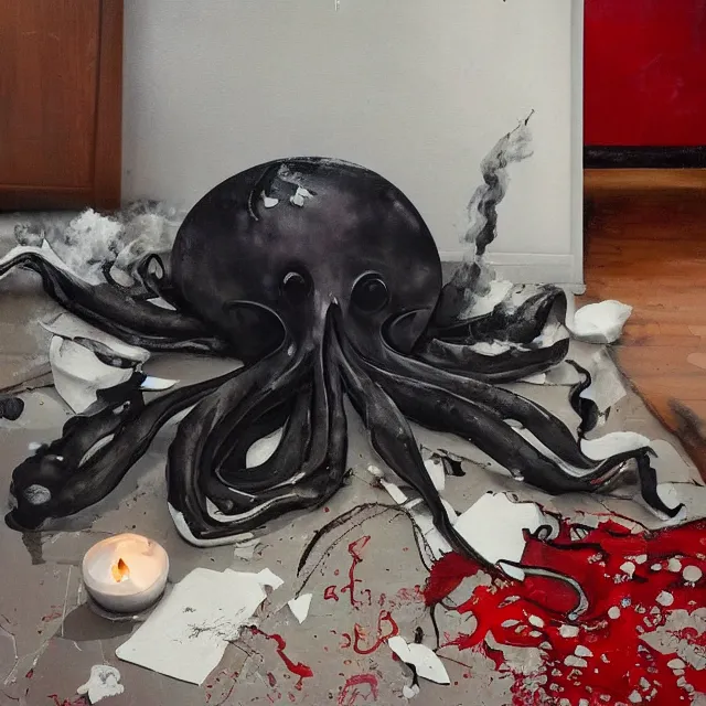 Image similar to a female artist's apartment, sensual portrait of a woman sleeping, cracked handmade japanese pottery vase, torn paper smouldering smoke, candles, white flowers on the floor, puddle of water, octopus, squashed berries, neo - expressionism, surrealism, acrylic and spray paint and oilstick on canvas