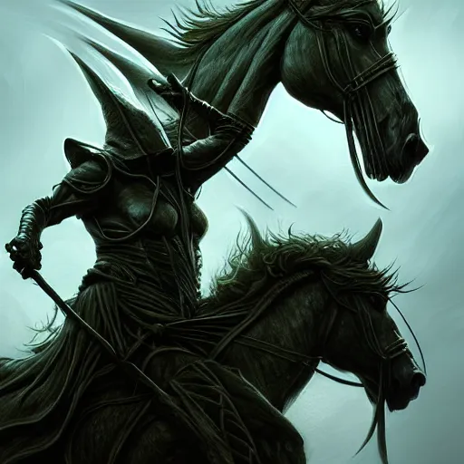 Image similar to concept art by artgerm, pestilence of the four horsemen of the apocalypse, soft green natural light, intricate, hooded death riding a horse, highly detailed dark art, digital painting, artstation, concept art, smooth, sharp focus, illustration, art by greg rutkowski and luis rollo and uang guangjian and gil elvgren, symmetry!