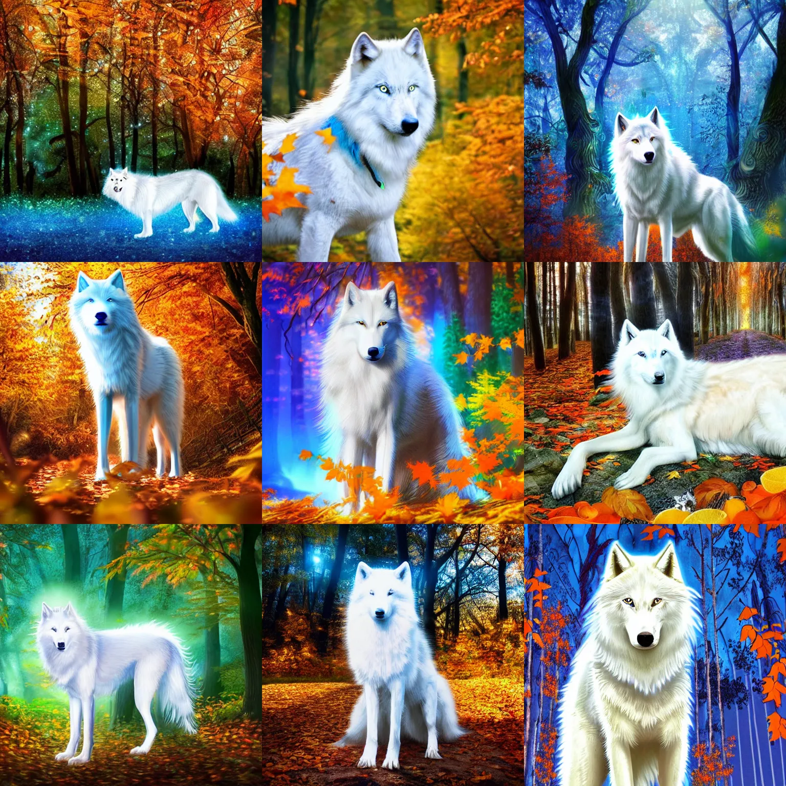 Prompt: a beautiful long - haired white wolf with blue luminescent neon shiny eyes stands in a magical autumn forest, in the background orange trees with falling foliage, photorealism, landscape, hyper detailed, warm volumetric lights, orange ray
